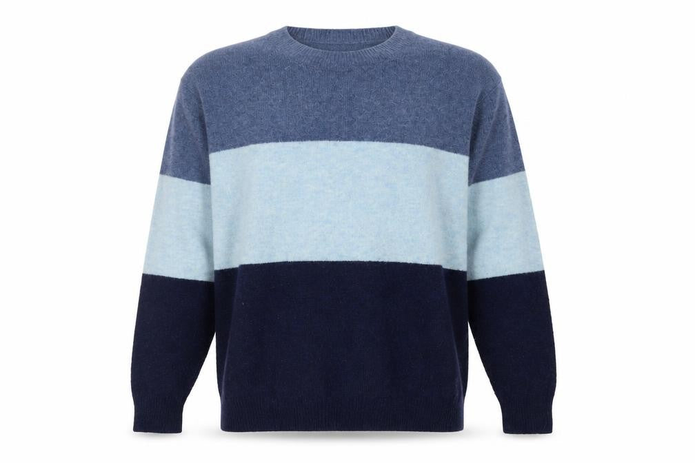 Uniqlo Men's Blue Colour Block Crew Neck Wool Blend Jumper Size S