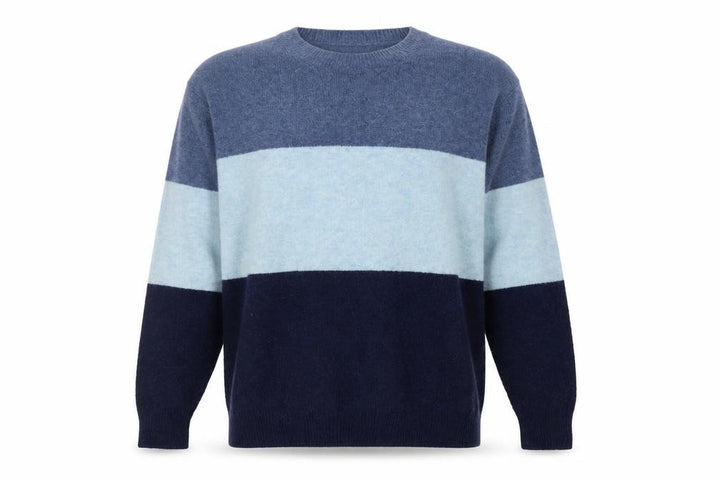 Uniqlo Men's Blue Colour Block Crew Neck Wool Blend Jumper Size S