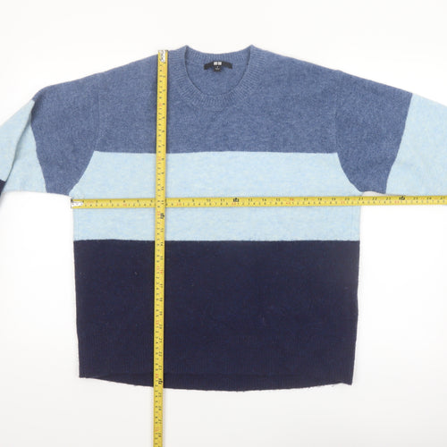Uniqlo Men's Blue Colour Block Crew Neck Wool Blend Jumper Size S
