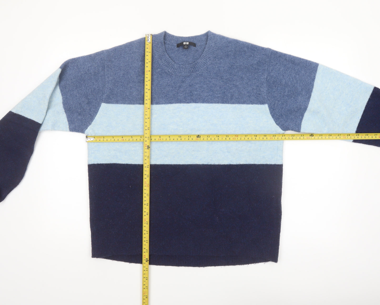 Uniqlo Men's Blue Colour Block Crew Neck Wool Blend Jumper Size S