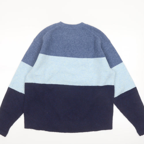Uniqlo Men's Blue Colour Block Crew Neck Wool Blend Jumper Size S