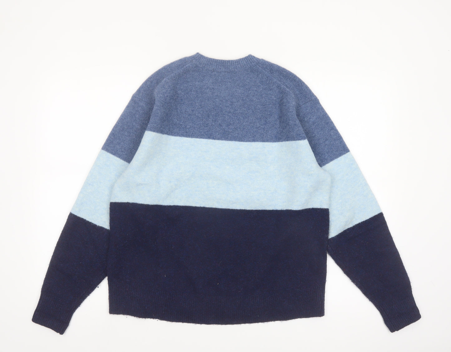 Uniqlo Men's Blue Colour Block Crew Neck Wool Blend Jumper Size S