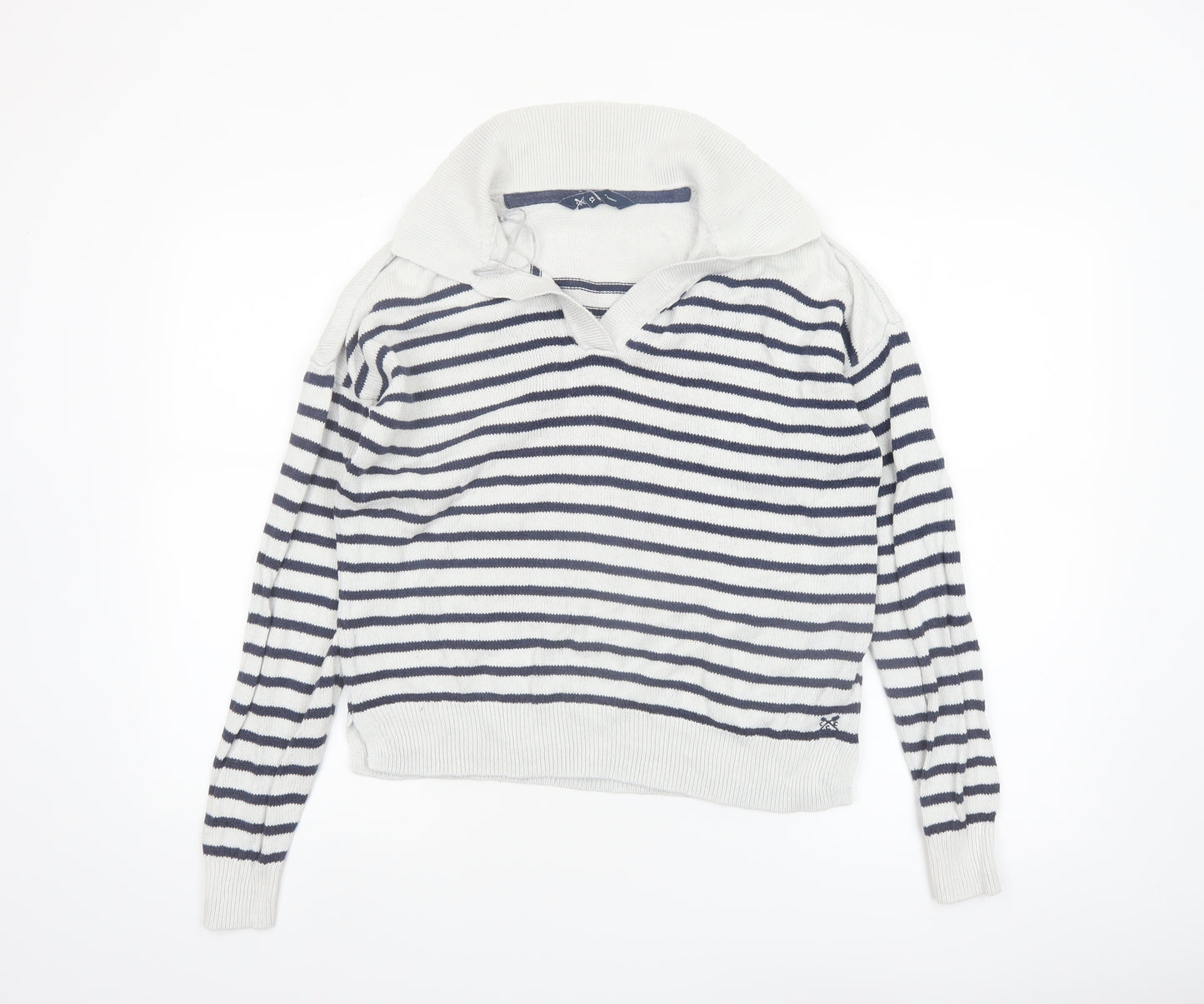 Crew Clothing Company Women's White Striped Collared Jumper Size 12