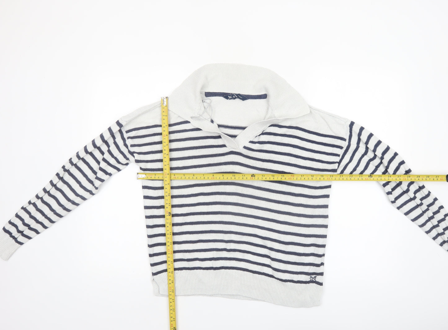 Crew Clothing Company Women's White Striped Collared Jumper Size 12