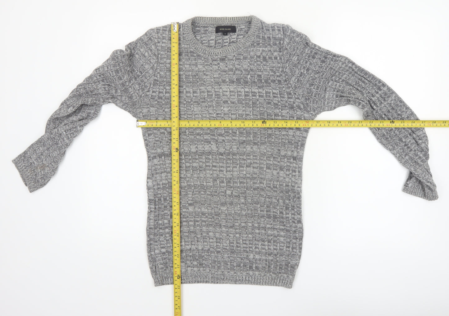 River Island Men's Grey Waffle Knit Crew Neck Jumper Size S