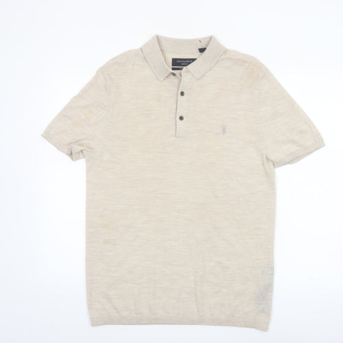 AllSaints Men’s Beige Merino Wool Polo Shirt Size M