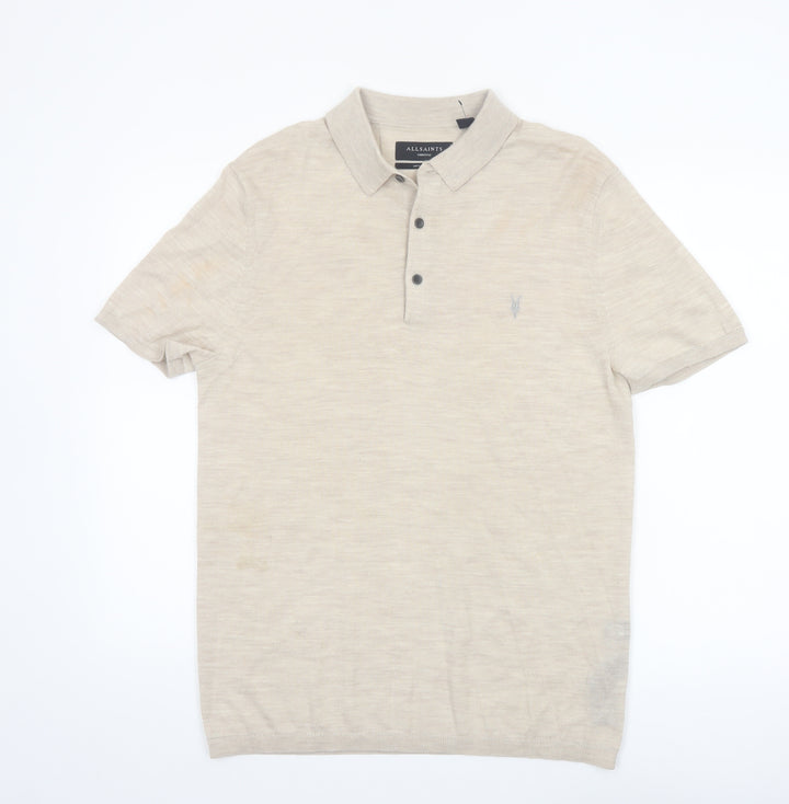 AllSaints Men’s Beige Merino Wool Polo Shirt Size M
