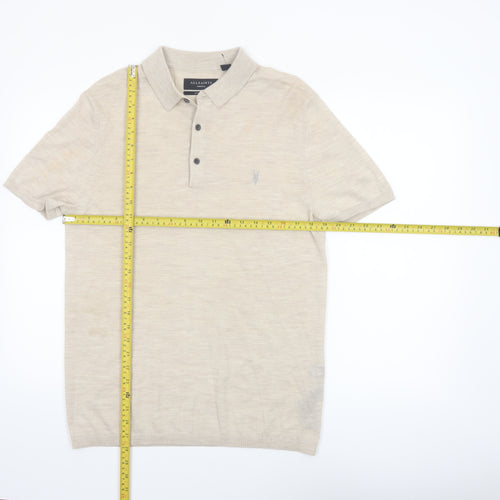AllSaints Men’s Beige Merino Wool Polo Shirt Size M