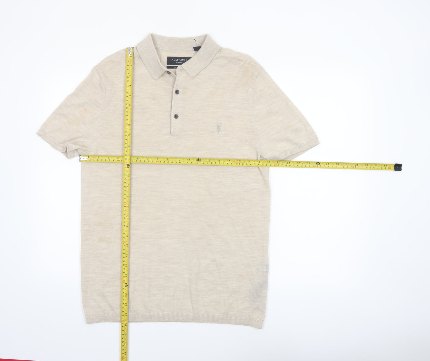AllSaints Men’s Beige Merino Wool Polo Shirt Size M