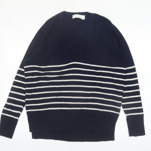 The White Company Women Blue Striped V-Neck Wool Blend Jumper Size 10