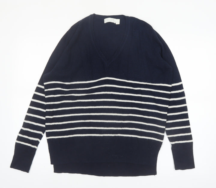 The White Company Women Blue Striped V-Neck Wool Blend Jumper Size 10