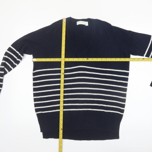 The White Company Women Blue Striped V-Neck Wool Blend Jumper Size 10