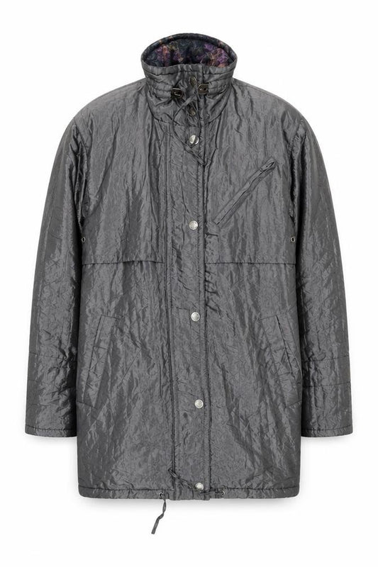 Front view of Be In The Current Seen Men's Grey Mid-Length Parka Jacket, size S