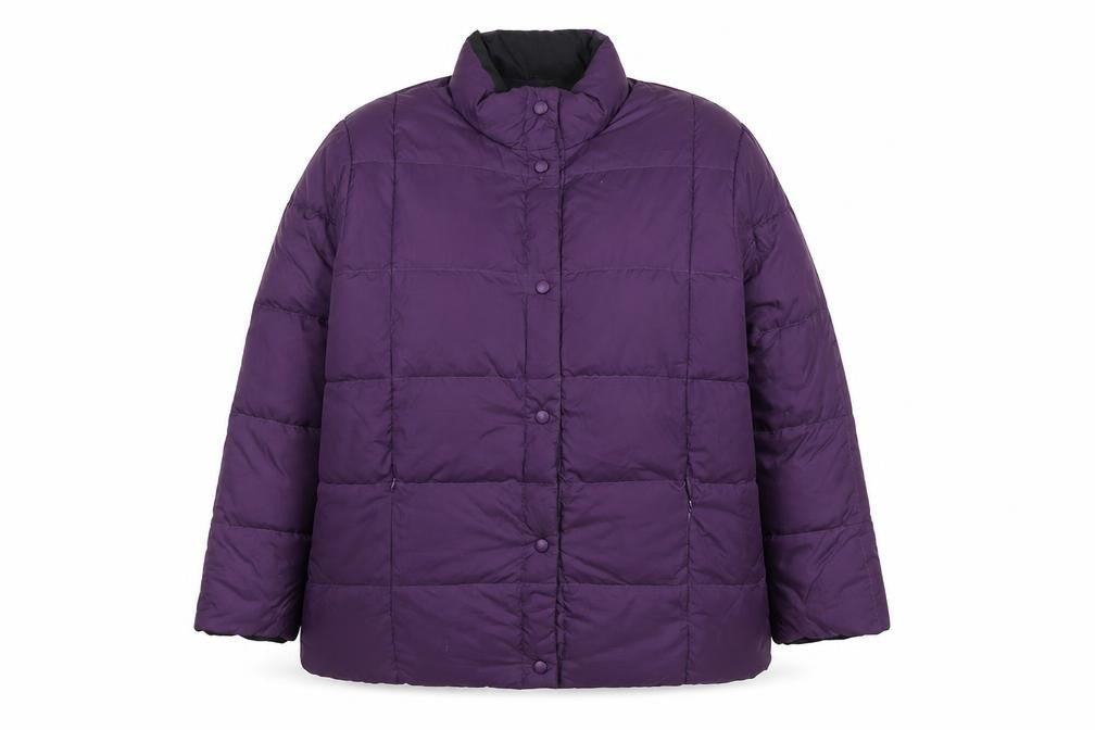 Front view of Lands' End women’s purple down puffer jacket, size UK 12, regular winter coat