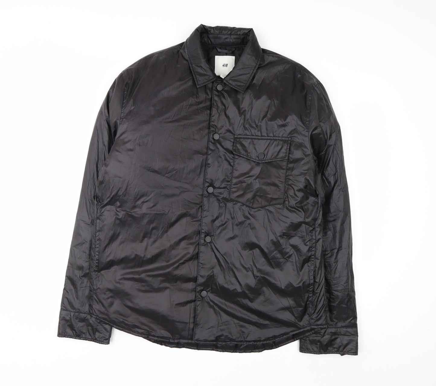H&M Men's Black M Puffer Jacket Polyester Lightweight Mid-Length
