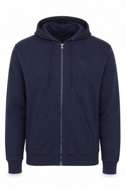 Front view of Champion Men's Blue Full Zip Hoodie, size L, Sports Fleece