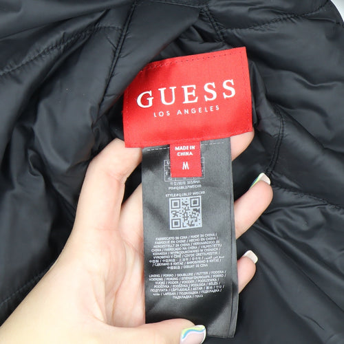 GUESS Men's Black Mid-Length Puffer Jacket Size M with Stand-Up Collar