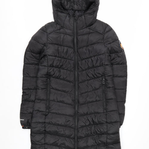 Superdry Women Black Size 10 Long Puffer Hooded Coat Fuji Series