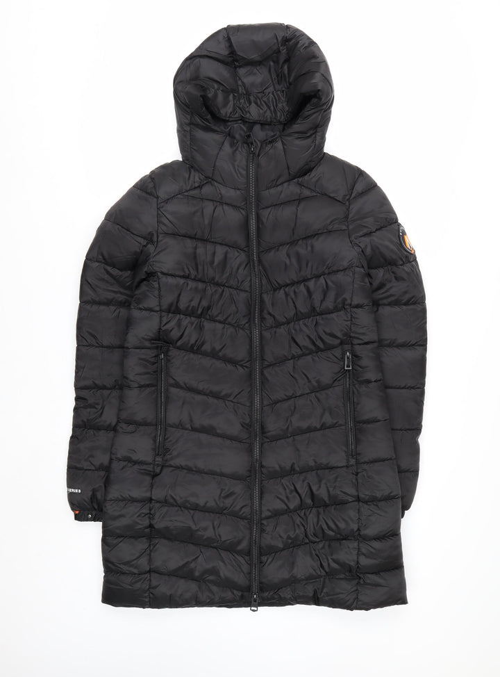 Superdry Women Black Size 10 Long Puffer Hooded Coat Fuji Series