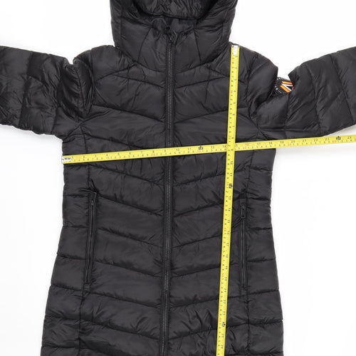 Superdry Women Black Size 10 Long Puffer Hooded Coat Fuji Series