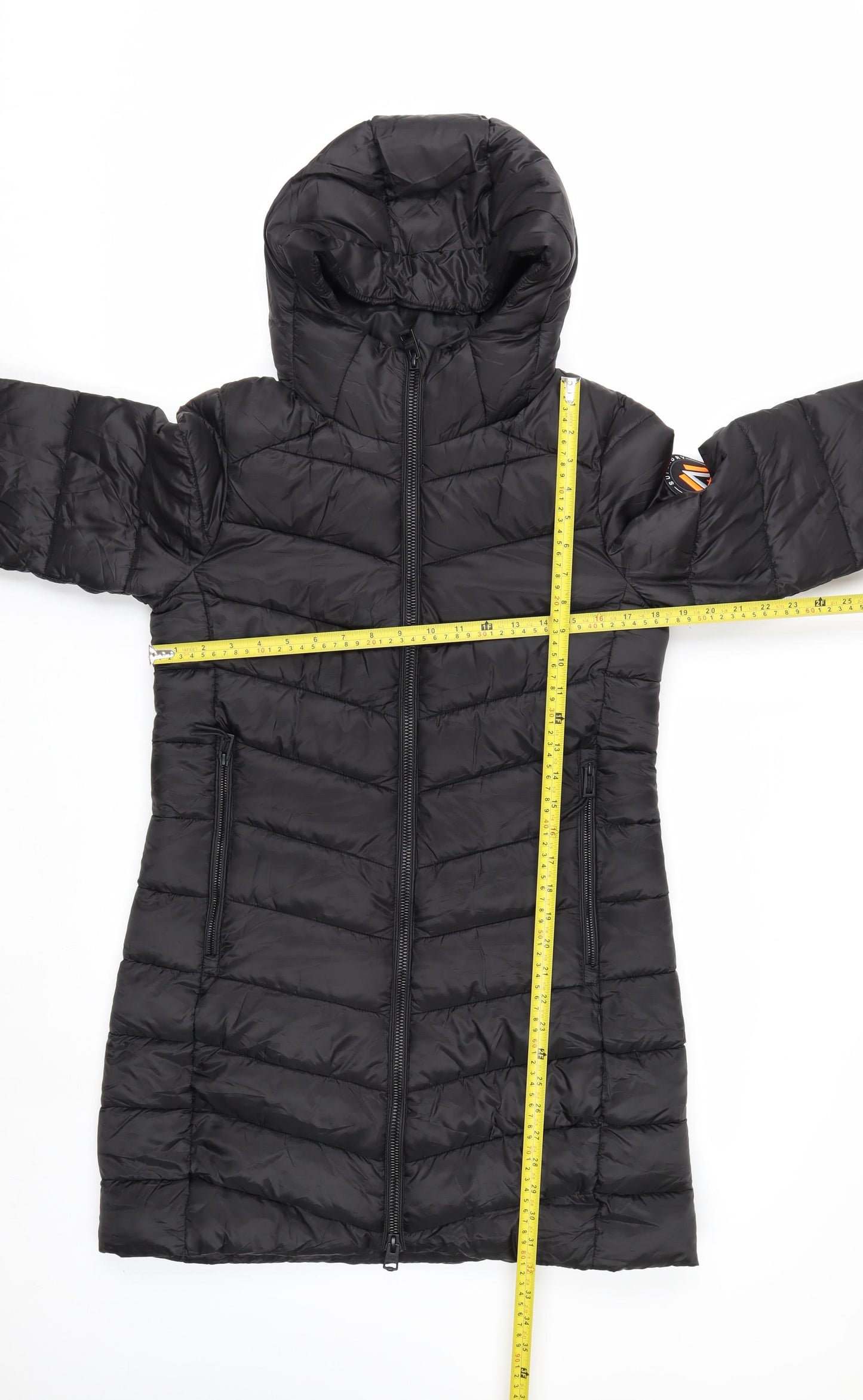 Superdry Women Black Size 10 Long Puffer Hooded Coat Fuji Series