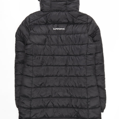 Superdry Women Black Size 10 Long Puffer Hooded Coat Fuji Series