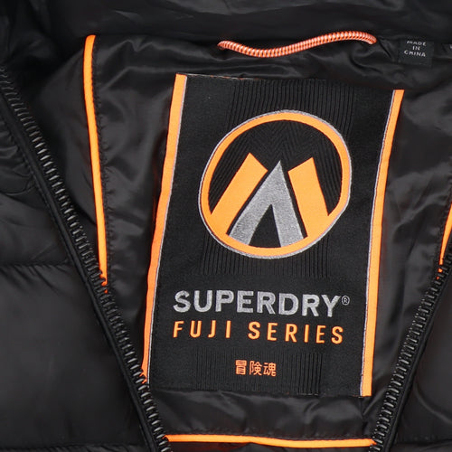 Superdry Women Black Size 10 Long Puffer Hooded Coat Fuji Series