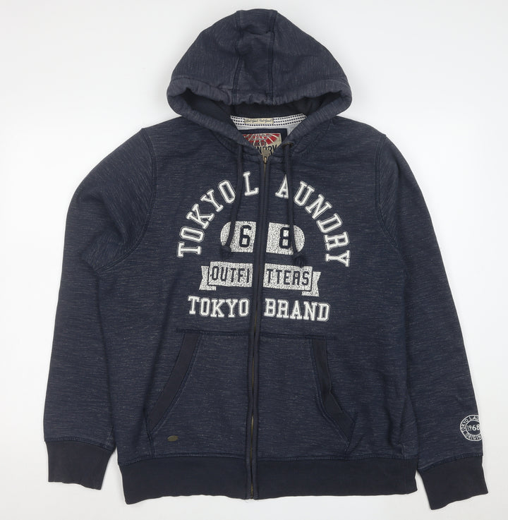 Tokyo Laundry Men's Blue XL Full Zip Hoodie with Logo Print