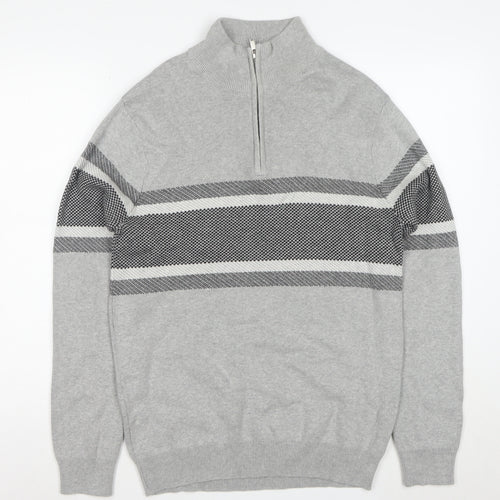 Peacocks Men's Grey Striped Half Zip High Neck Cotton Jumper Size M