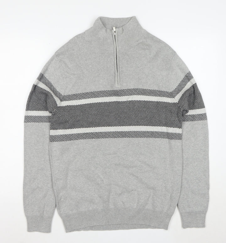 Peacocks Men's Grey Striped Half Zip High Neck Cotton Jumper Size M