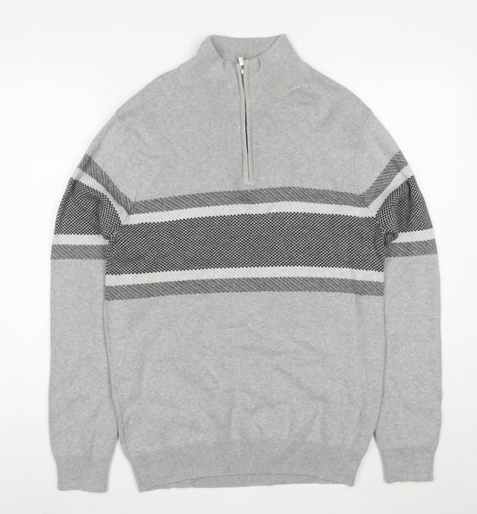 Peacocks Men's Grey Striped Half Zip High Neck Cotton Jumper Size M