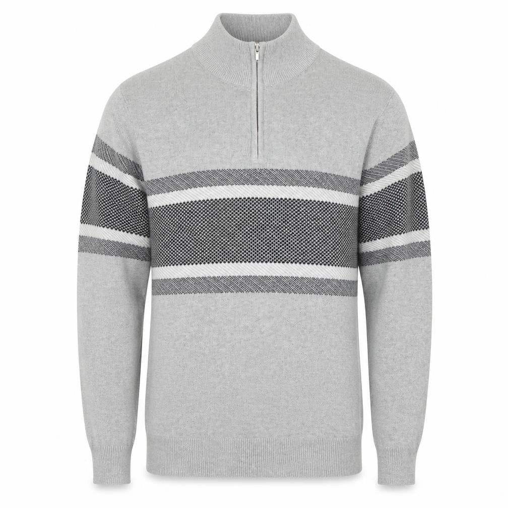 Front view of Peacocks Men's Grey Striped Half Zip High Neck Cotton Jumper, size M