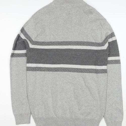 Peacocks Men's Grey Striped Half Zip High Neck Cotton Jumper Size M