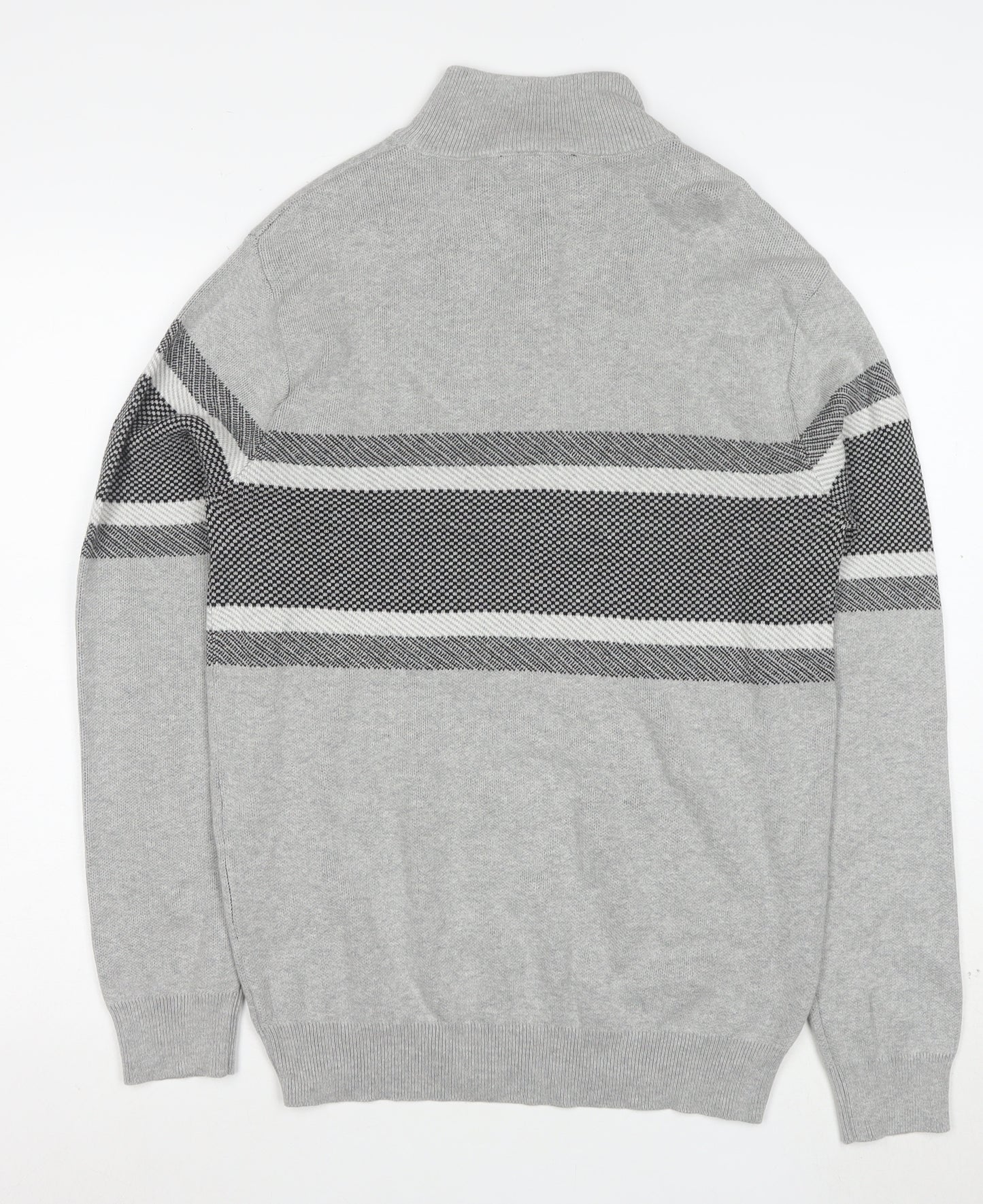 Peacocks Men's Grey Striped Half Zip High Neck Cotton Jumper Size M