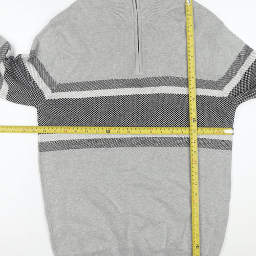 Peacocks Men's Grey Striped Half Zip High Neck Cotton Jumper Size M