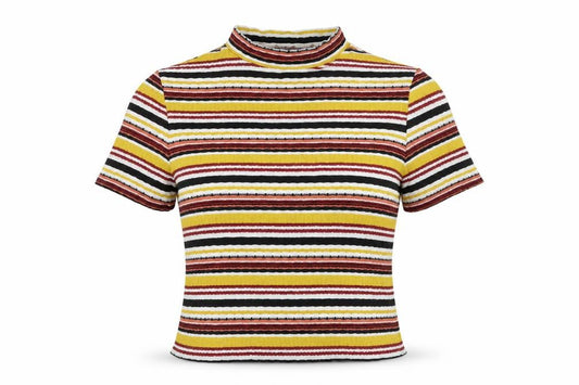Front view of River Island women’s multicoloured striped cropped t-shirt, size UK 16
