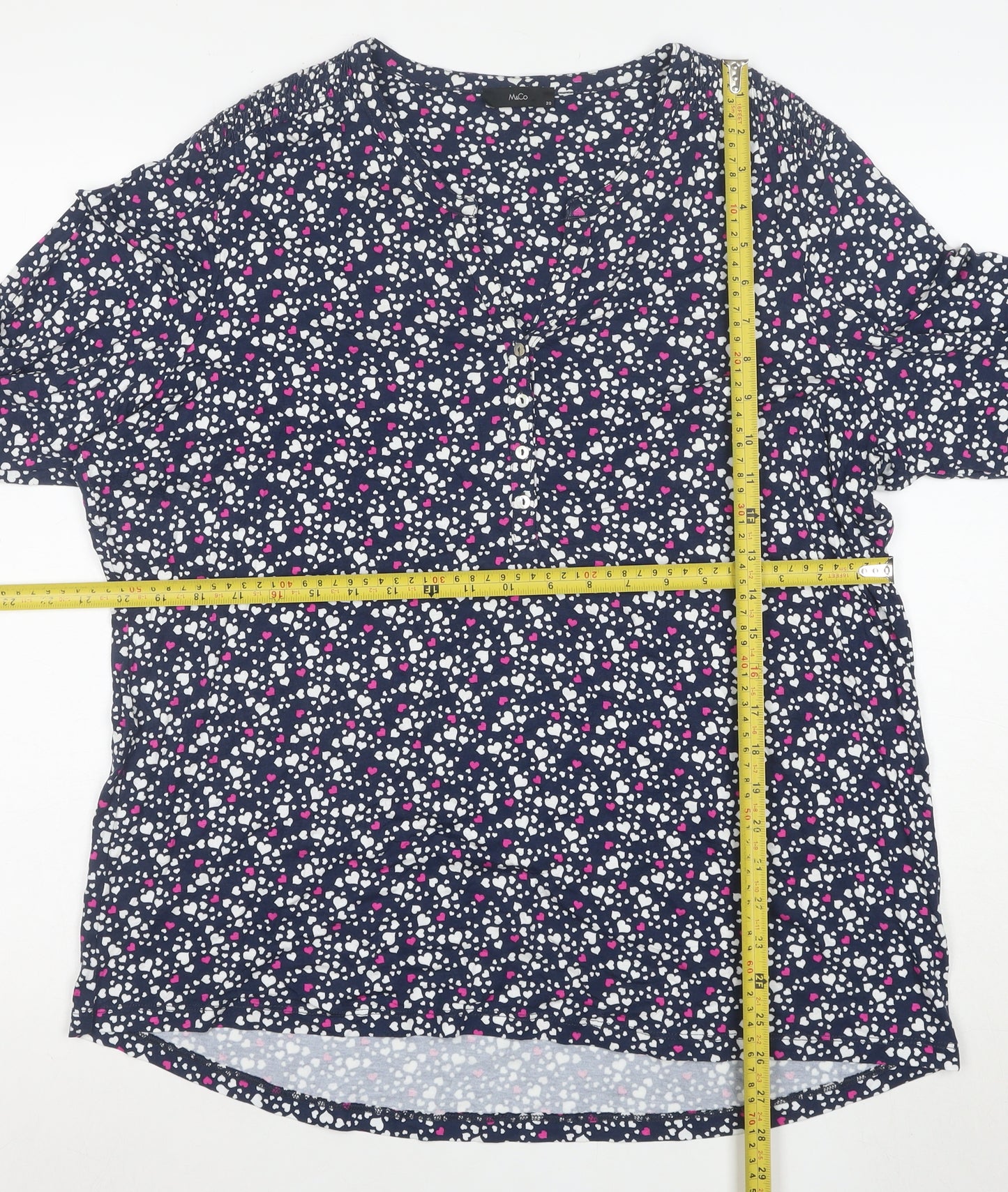M&Co Womens Navy Heart Print Button-Up Long Sleeve Tunic Top Size 20