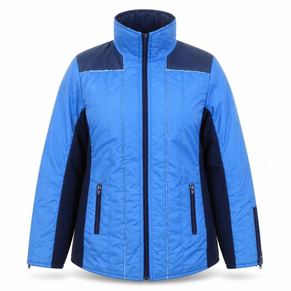 Front view of Aquatona women’s blue, size UK 16, puffer jacket with zip pockets