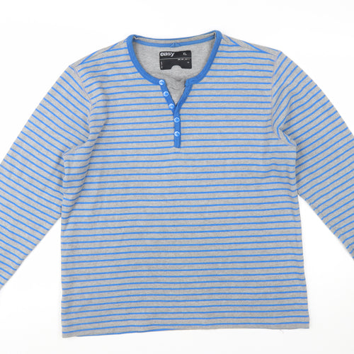 Easy Men Grey Blue Striped Henley Sweatshirt XL Long Sleeve