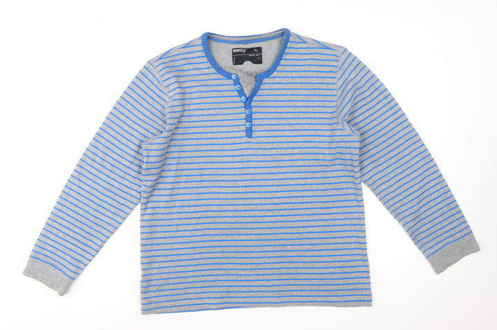 Easy Men Grey Blue Striped Henley Sweatshirt XL Long Sleeve