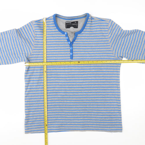 Easy Men Grey Blue Striped Henley Sweatshirt XL Long Sleeve