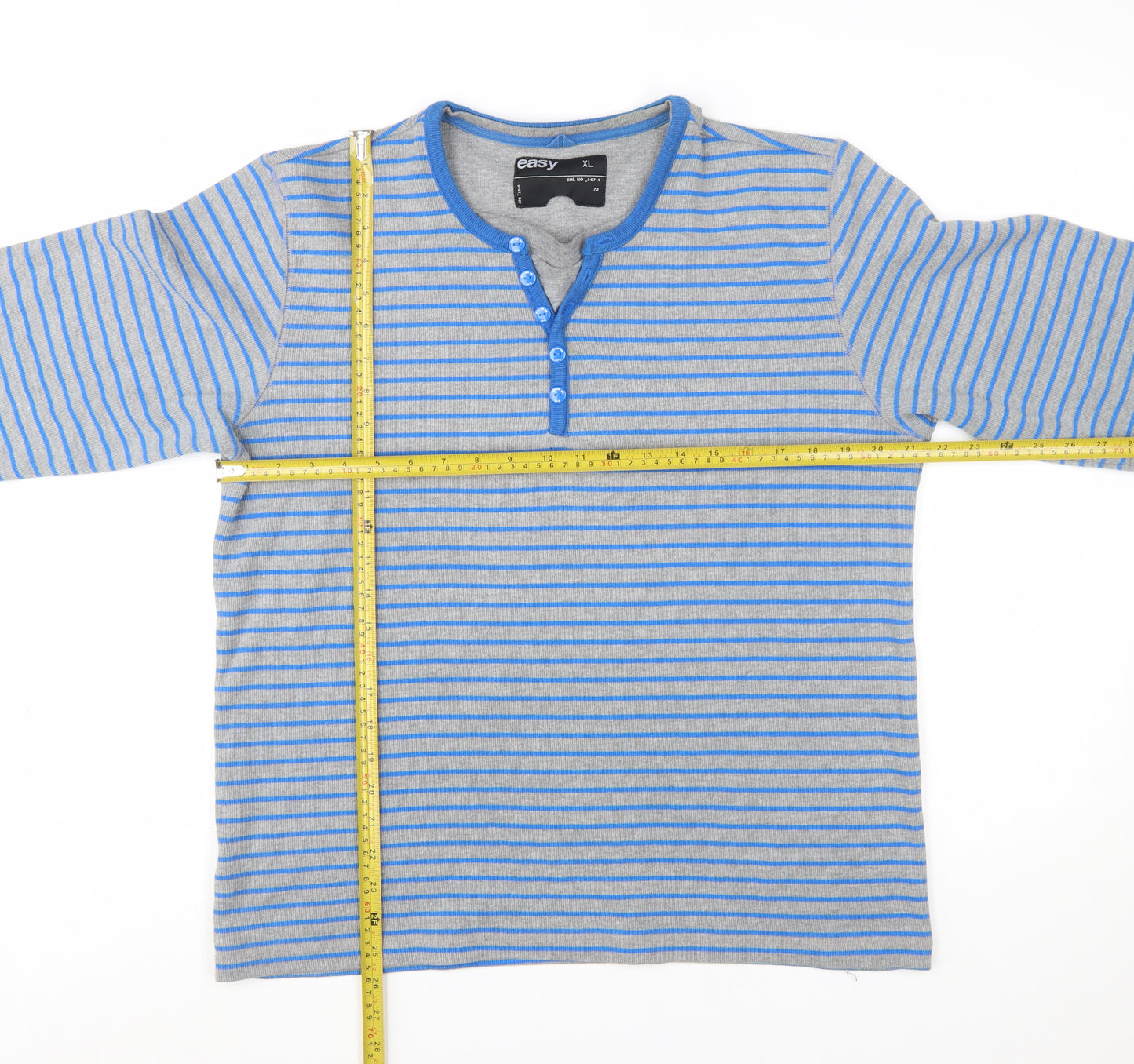 Easy Men Grey Blue Striped Henley Sweatshirt XL Long Sleeve
