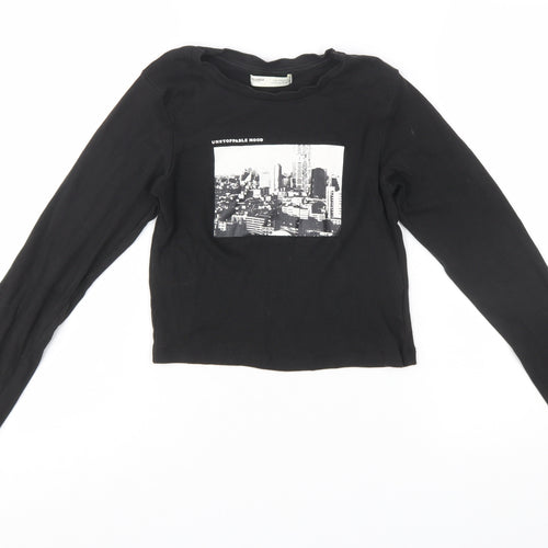 Pull&Bear Women's Black Cropped Long Sleeve Cotton T-Shirt Size S