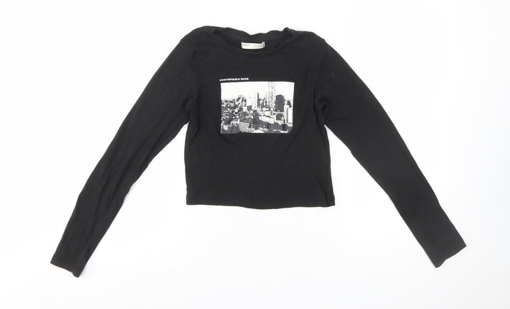 Pull&Bear Women's Black Cropped Long Sleeve Cotton T-Shirt Size S