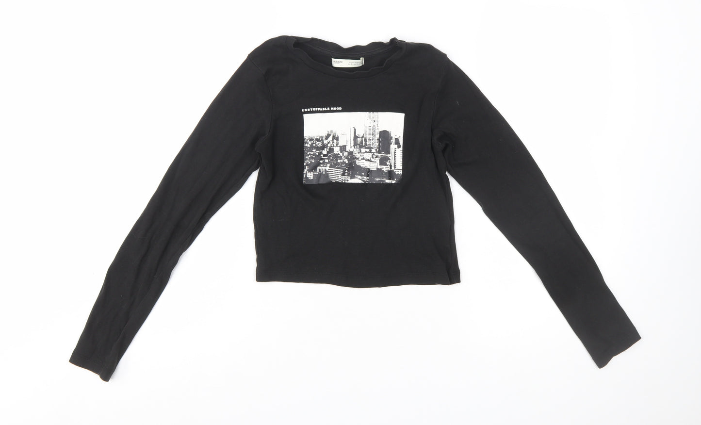 Pull&Bear Women's Black Cropped Long Sleeve Cotton T-Shirt Size S