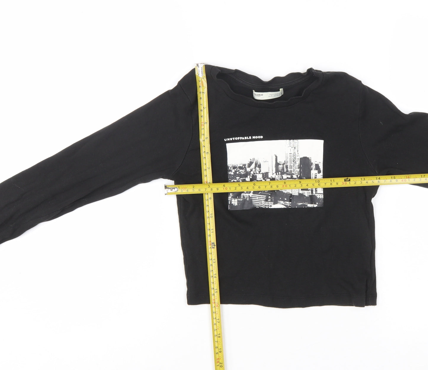 Pull&Bear Women's Black Cropped Long Sleeve Cotton T-Shirt Size S