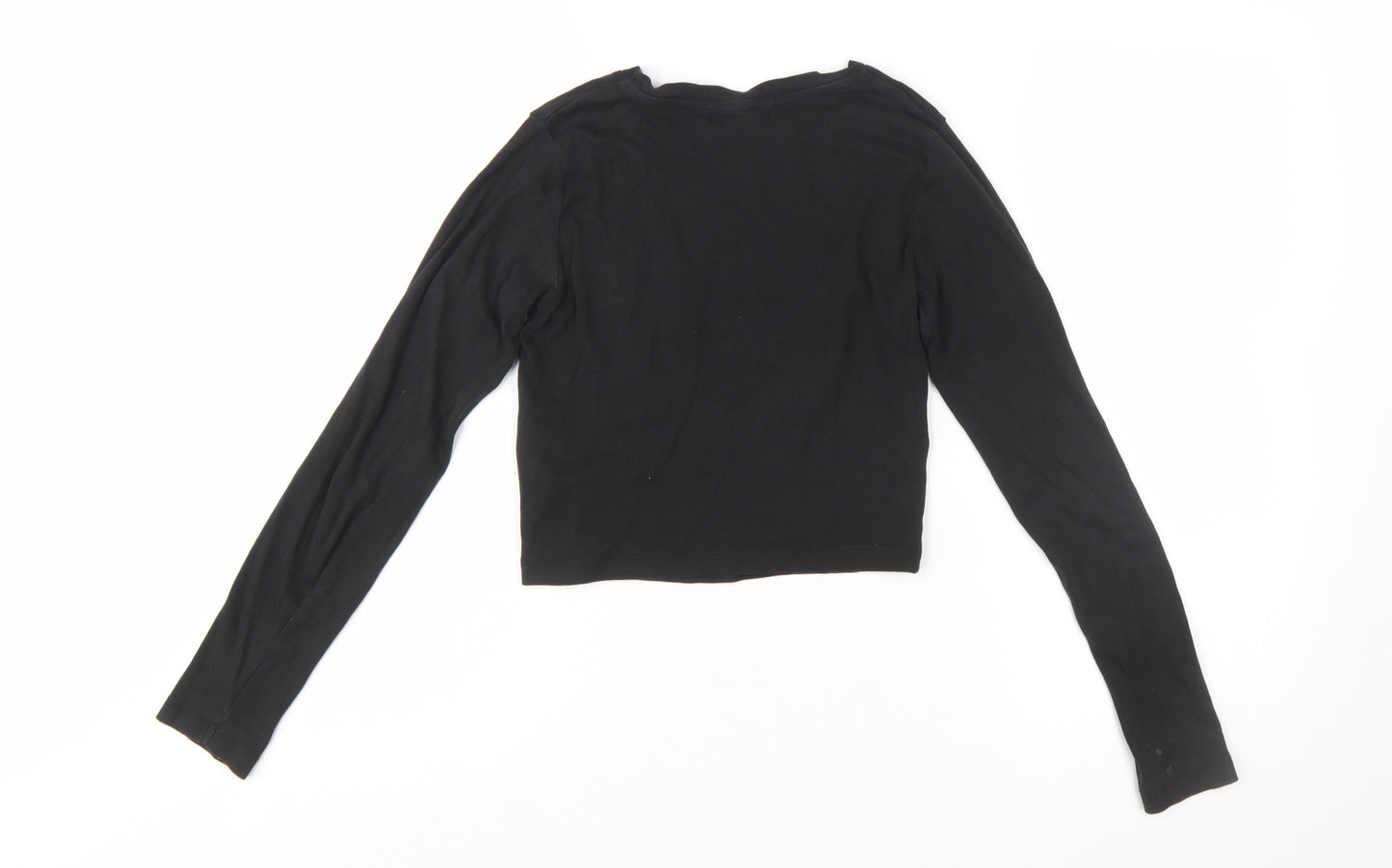 Pull&Bear Women's Black Cropped Long Sleeve Cotton T-Shirt Size S