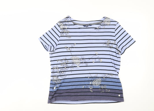 Maine New England Women's Blue Striped Floral Cotton T-Shirt Size 18