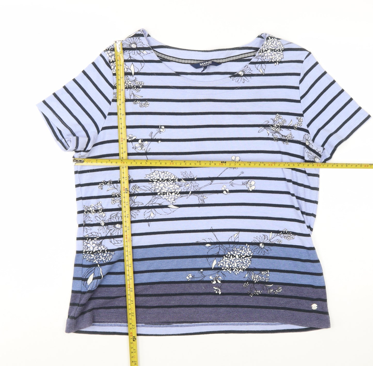 Maine New England Women's Blue Striped Floral Cotton T-Shirt Size 18