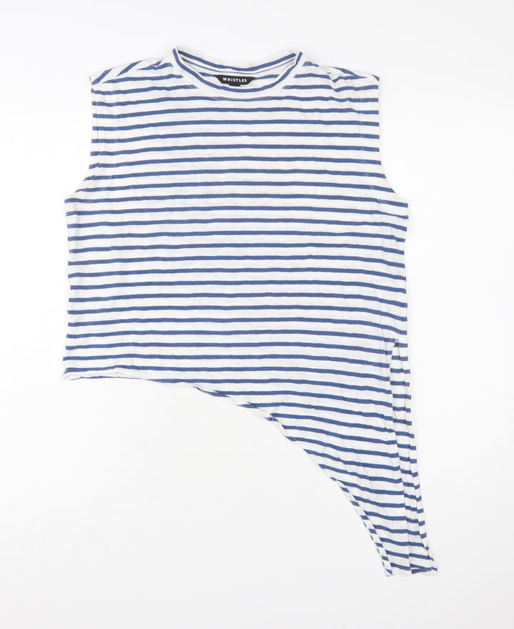 Whistles Women's Blue Striped Asymmetric Sleeveless Cotton Tank Top Size S